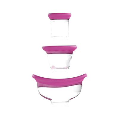 Set of three clear silicone pump cups with pink soft silicone seals in small, medium, and large sizes for breast and vulva use.