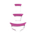 Set of three clear silicone pump cups with pink soft silicone seals in small, medium, and large sizes for breast and vulva use.