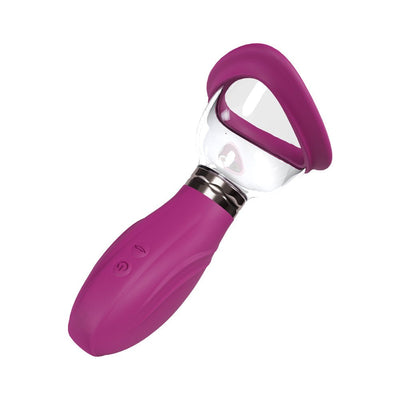 Purple automatic rechargeable pump with silicone seal and control buttons for vulva and breast enhancement.