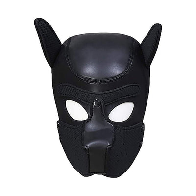 Black neoprene puppy play hood with detachable muzzle and pointed ears for role-playing.