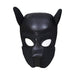 Black neoprene puppy play hood with detachable muzzle and pointed ears for role-playing.