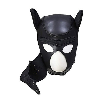 Black neoprene puppy play hood with detachable muzzle and dog ear details for role-playing.