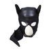 Black neoprene puppy play hood with detachable muzzle and dog ear details for role-playing.