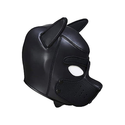 Black neoprene puppy play hood with detachable muzzle and pointed ears for role-playing.