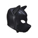Black neoprene puppy play hood with detachable muzzle and pointed ears for role-playing.