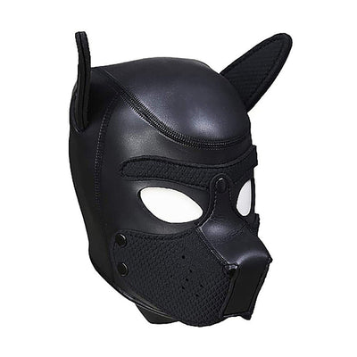 Black neoprene puppy play hood with detachable muzzle and upright ears for role-playing.