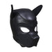 Black neoprene puppy play hood with detachable muzzle and upright ears for role-playing.