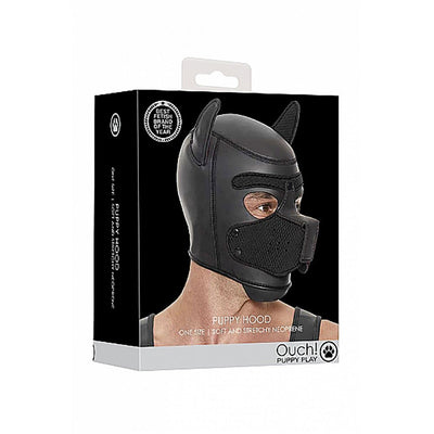 Black neoprene puppy play hood with ears and detachable muzzle shown on packaging box.
