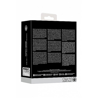 Black packaging box for Ouch! Puppy Play Neoprene Puppy Hood with product information and branding details.