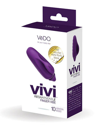 Packaging box of Vivi rechargeable finger vibrator in purple with 10 vibration modes and USB charging.