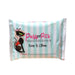 Puss and Pits premium feminine wipes pack with turquoise stripes and black cat illustration, 15 wipes with aloe and cucumber extract.