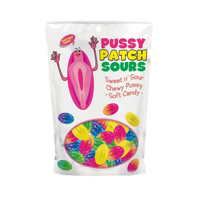 Colorful sour chewy candy in a white resealable bag labeled Pussy Patch Sours with playful cartoon design.