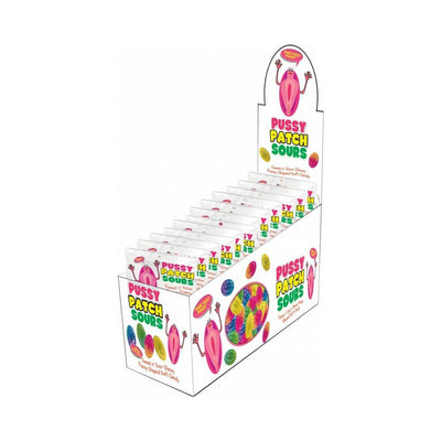 Display box of Pussy Patch Sours candy bags featuring colorful sour chewy candies with playful packaging.