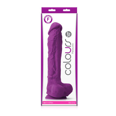 Purple 10-inch realistic silicone dildo with textured surface in clear packaging labeled Colours Pleasures.