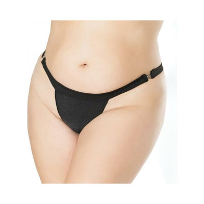 Close-up of a black quick-release thong with side clasps worn on a model against a white background.