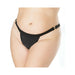 Close-up of a black quick-release thong with side clasps worn on a model against a white background.