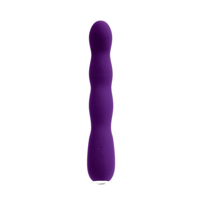 Purple silicone rechargeable vibrator with a flexible, bulbous shaft and intuitive control buttons.