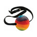 Adjustable black strap ball gag with a colorful rainbow candy-style ball centerpiece.