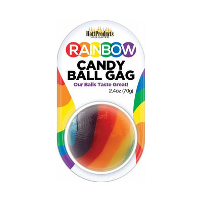 Rainbow-colored candy ball gag in clear packaging with bold text and colorful accents on white background.