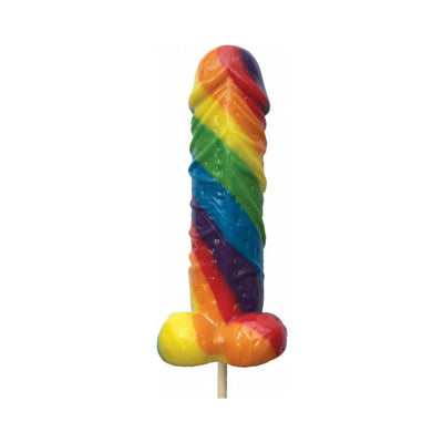 Rainbow-colored multi-fruit flavored lollipop shaped with a playful design on a stick against a white background.