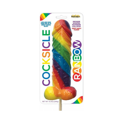 Rainbow-colored pecker-shaped lollipop on a stick in playful packaging with bold colorful text.