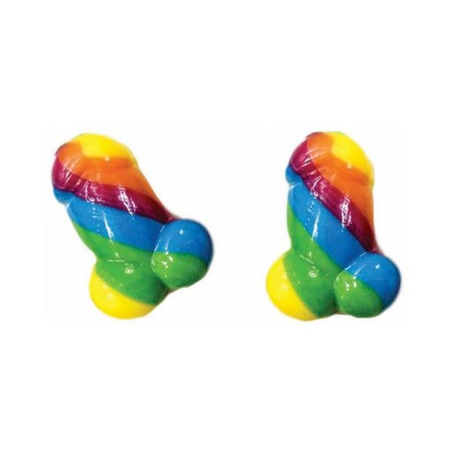 Two rainbow-colored fruit-flavored novelty candies with a playful design on a white background.