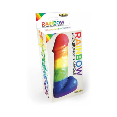 Rainbow-colored novelty party candle in playful shape, packaged in a colorful box with rainbow accents.