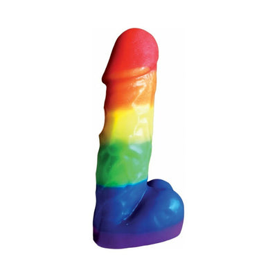Rainbow-colored novelty party candle shaped with playful design, measuring 7 inches tall.