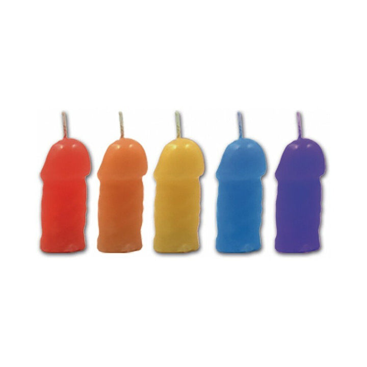 Set of five colorful novelty party candles in red, orange, yellow, blue, and purple with jasmine scent.
