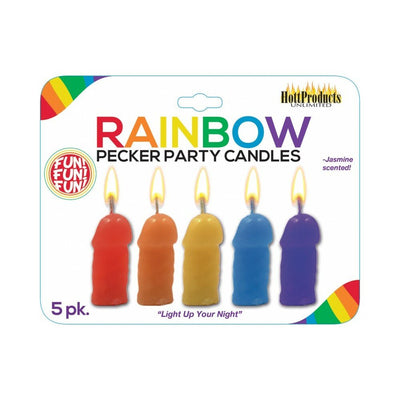 Pack of five colorful novelty party candles with playful shapes in red, orange, yellow, blue, and purple, jasmine scented.