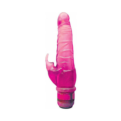 Pink translucent rabbit vibrator with textured shaft and tickler ears, featuring adjustable base control.