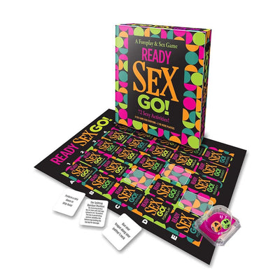 Ready Sex Go foreplay and sex game with colorful box, game board, cards, and dice for couples' intimate fun.