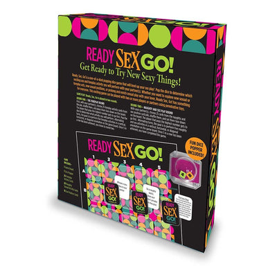 Ready Sex Go game box showing colorful design, game instructions, cards, and included dice popper accessory.