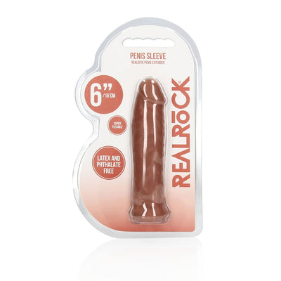 Real Rock 6-inch flexible realistic penis extender sleeve in vanilla color, latex and phthalate free packaging.