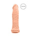 Vanilla-colored realistic penis extender with textured surface and open base, labeled renewed.