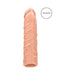 Realistic skin-toned penis extender sleeve with detailed texture and open base, labeled renewed.