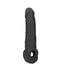 Black realistic penis extender with textured surface and integrated ring at base on white background.