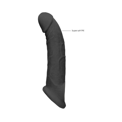 Black 9-inch realistic penis extender with textured surface and soft TPE material label.