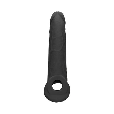 Black realistic penis extender with integrated ring, 9 inches long, made from soft, body-safe material.