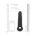 Black 9-inch penis extender with rings shown next to size comparison graphics and measurement scales.