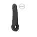 Black realistic penis extender with textured surface and integrated ring, labeled renewed, on white background.