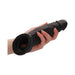 Hand holding a black 9-inch realistic textured penis extender with attached rings.