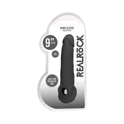 Black 9-inch realistic penis extender sleeve with rings in clear packaging labeled Real Rock, latex and phthalate free.