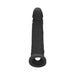 Black realistic penis extender with textured surface and dual rings at the base for added support.