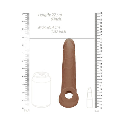 Brown realistic penis extender with rings shown next to rulers and size comparison illustrations.
