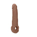 Realistic 9-inch brown penis extender with textured surface and integrated rings for added support and comfort.