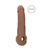 Realistic brown penis extender with textured surface and integrated rings, 9 inches long, made from soft TPE material.