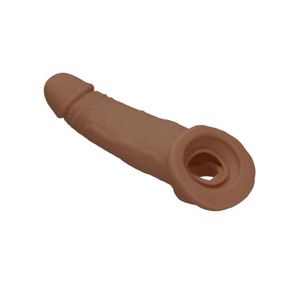 Realistic brown penis extender with textured shaft and integrated rings, made from soft, body-safe TPE material.
