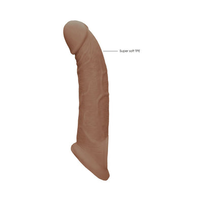 Realistic 9-inch brown penis extender made from super soft TPE material with detailed texture and rings.