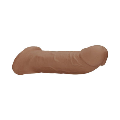 Realistic 9-inch brown penis extender with detailed texture and rings, made from soft, body-safe TPE material.